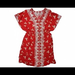 THML Red Embroidered Mini Dress Boho Floral VNeck Short Sleeve Lightweight Tunic